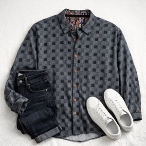 Au Noir Checkered Cotton Button Down Shirt Grey Patterned Size 4XL Dadcore